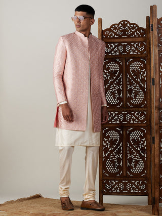 SHRESTHA By VASTRAMAY Men's Peach Sequined Indo Western Sherwani With Kurta Pyjama Set