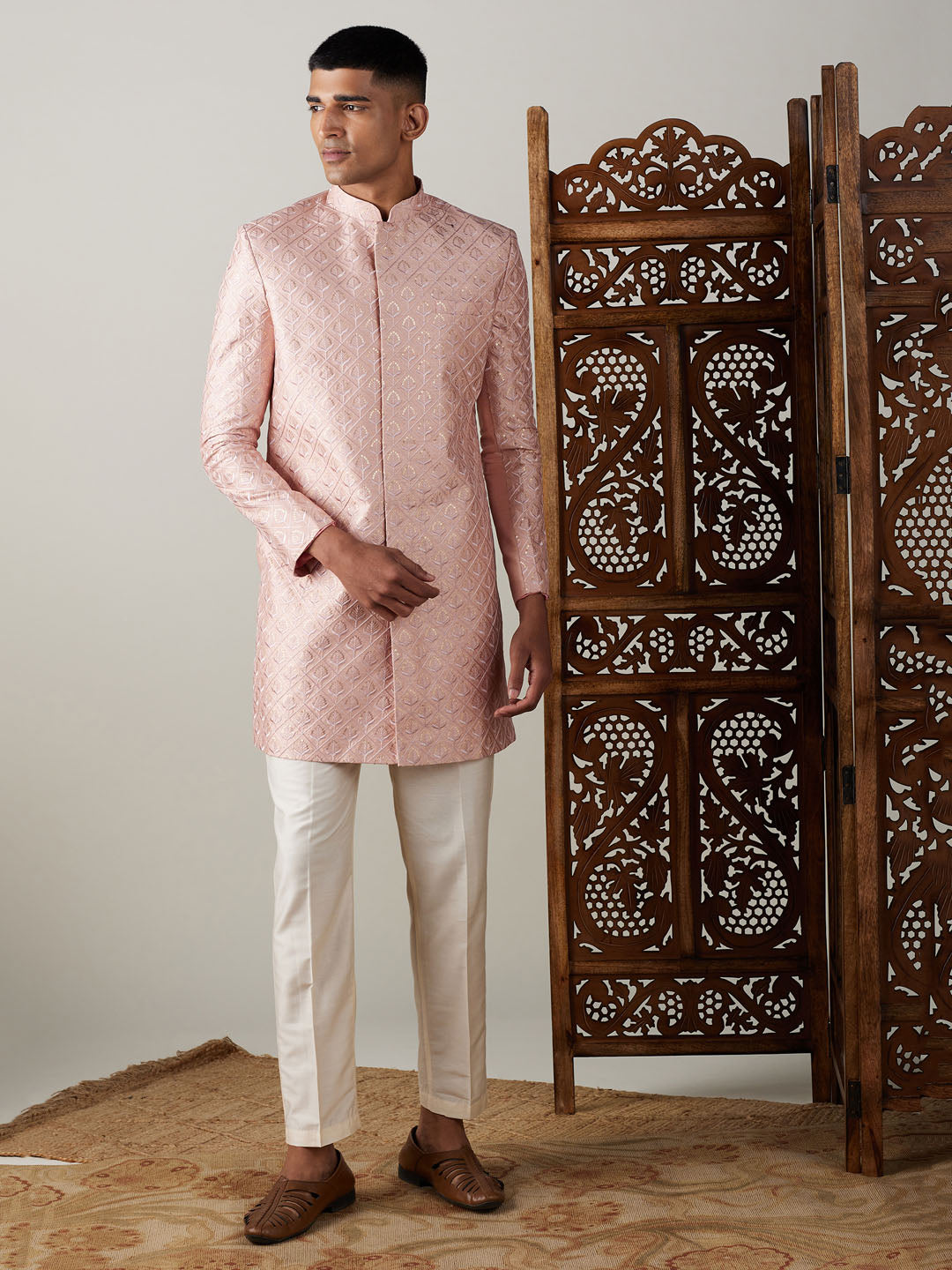 Buy Salmon Pink Self Design Sherwani Online in India @Manyavar - Sherwani  for Men