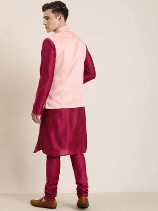 SHRESTHA By VASTRAMAY Men's Fuchsia & Pink Solid Kurta with Churidar & Nehru Jacket
