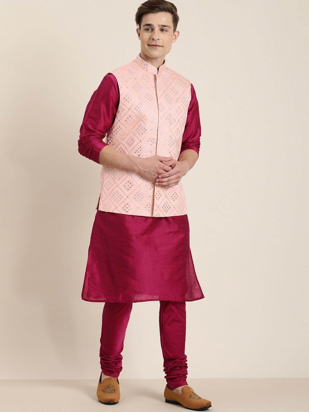 Men's Fuchsia & Pink Solid Kurta With Churidar & Nehru Jacket