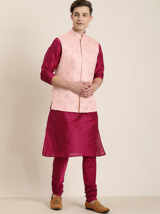 Vastramay Men's Fuchsia & Pink Solid Kurta with Churidar & Nehru Jacket