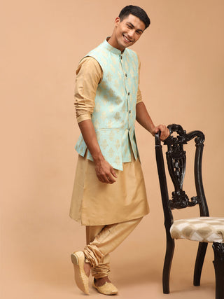 SHRESTHA By VASTRAMAY Men's Green Woven Design Ethnic Jacket And Rose Gold Kurta And Pyjama Set