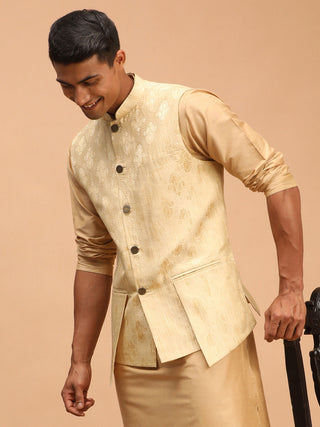 Vastramay Men's Gold Woven Flap Ethnic Jacket