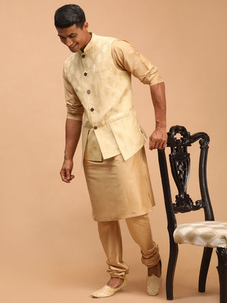 SHRESTHA By VASTRAMAY Men's Gold Woven Design Flap Ethnic Jacket And Rose Gold Kurta And Pyjama Set