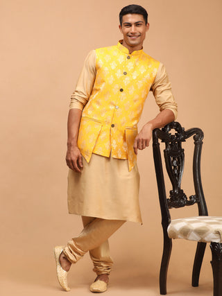 SHRESTHA By VASTRAMAY Men's Yellow Woven Ethnic Jacket And Rose Gold Kurta And Pyjama Set