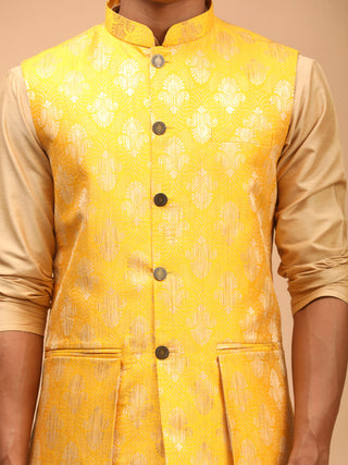 SHRESTHA By VASTRAMAY Men's Yellow Woven Ethnic Jacket And Rose Gold Kurta And Pyjama Set