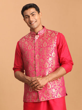 Vastramay Men's Valentino Pink Flower Motif Jacquard Nehru Jacket