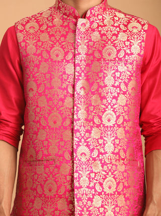 SHRESTHA By VASTRAMAY Men's Valentino Pink Flower Motif Jacquard Nehru Jacket