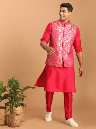 SHRESTHA BY VASTRAMAY Men's Pink Jacquard jacket With Solid Kurta And Pant Style Pyjama Set