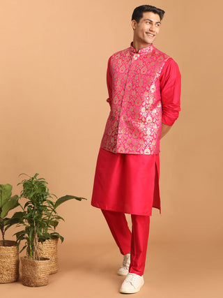 SHRESTHA BY VASTRAMAY Men's Pink Jacquard jacket With Solid Kurta And Pant Style Pyjama Set