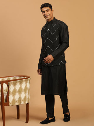 SHRESTHA by VASTRAMAY Men's Black Mirror Jacket With Kurta Pyjama Set