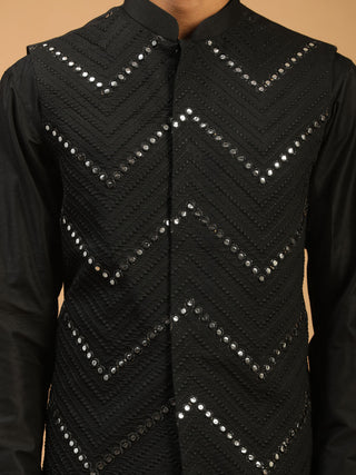 SHRESTHA by VASTRAMAY Men's Black Mirror Jacket With Kurta Pyjama Set