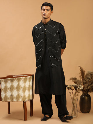 SHRESTHA by VASTRAMAY Men's Black Mirror Jacket With Kurta Patiala Set