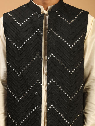 SHRESTHA BY VASTRAMAY Men's Black Mirror Jacket With Front Open Kurta pant Set