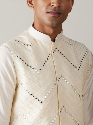SHRESTHA By VASTRAMAY Men's Cream Mirror Jacket With Pleated kurta pyjama Set