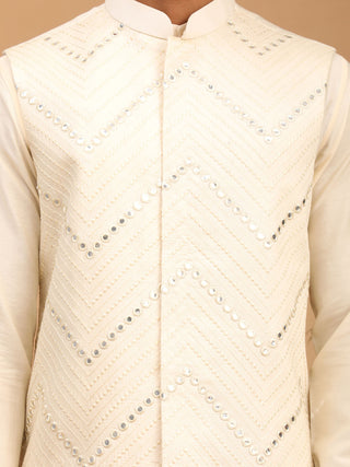 Vastramay Men's Cream Mirror Jacket With Pleated Kurta Pyjama And Dupatta Set