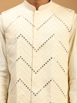 SHRESTHA by VASTRAMAY Men's Cream Mirror Jacket With Kurta Pant Set