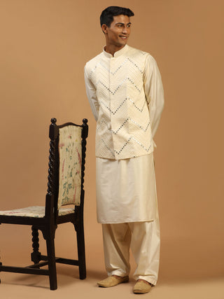 SHRESTHA By VASTRAMAY Men's Cream Mirror Jacket With Kurta Patiala Set