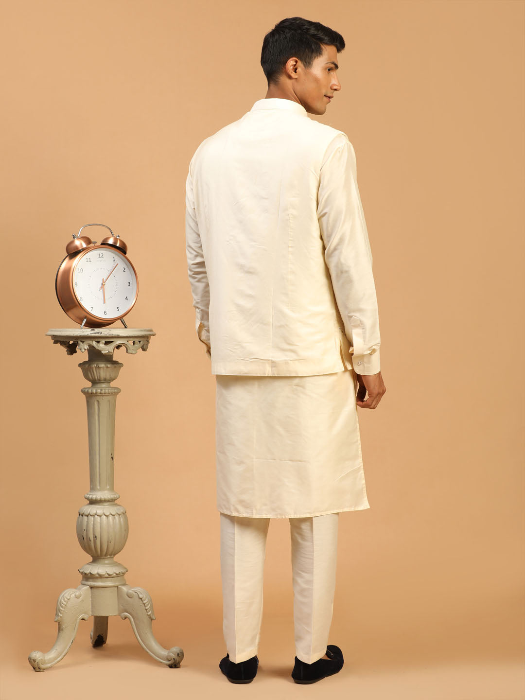 Men's Cream Mirror Jacket With Front Open Kurta Pyjama Set