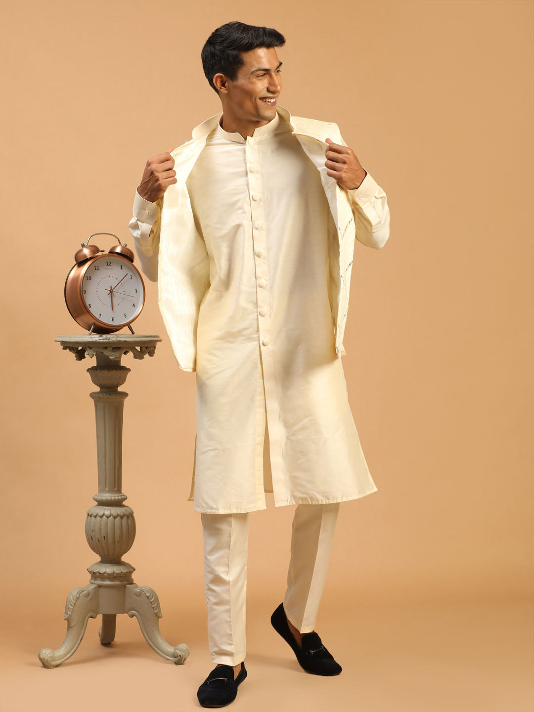 Men's Cream Mirror Jacket With Front Open Kurta Pyjama Set