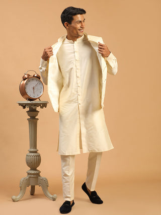 SHRESTHA BY VASTRAMAY Men's Cream Mirror Jacket With Front Open Kurta Pyjama Set