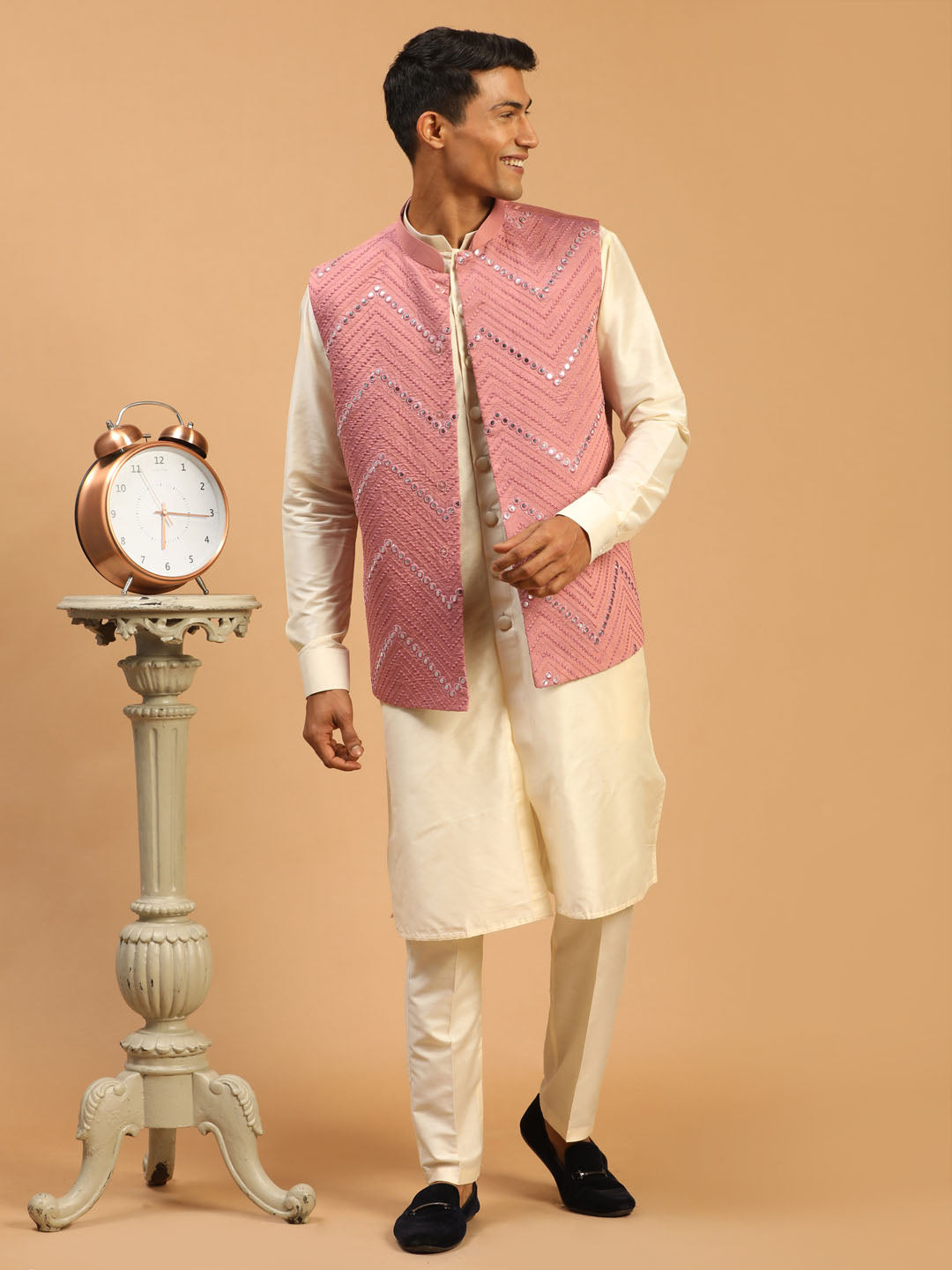 Men's Onion Pink Solid Kurta Pant With Mirror Over Coat Combo Set