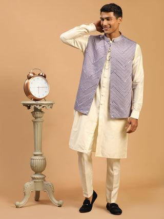 SHRESTHA BY VASTRAMAY Men's Purple Mirror Jacket With Front Open Kurta Pant Set