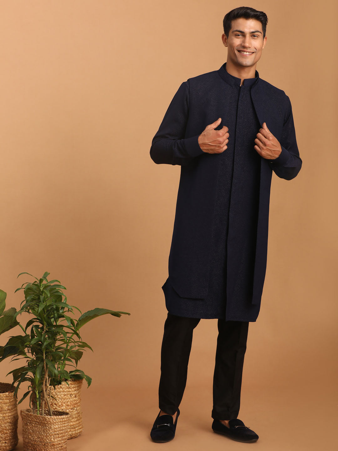 Men's Navy Blue Printed Jacket Kurta Pant Set
