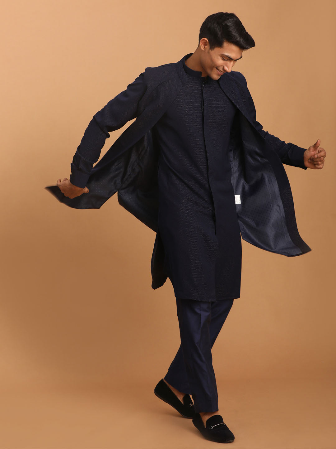 Men's Navy Blue Printed Jacket Kurta Pant Set