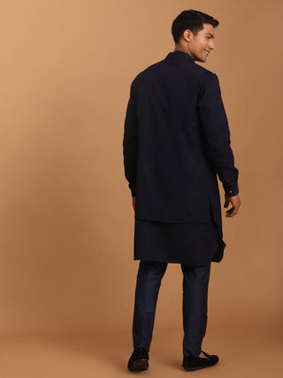 SHRESTHA By VASTRAMAY Men's Navy Blue Printed Jacket Kurta Pant Set