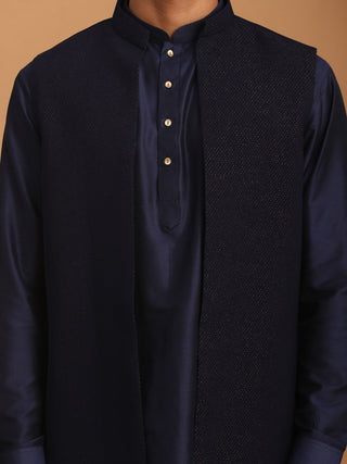 SHRESTHA BY VASTRAMAY Men's Navy Blue Dot Glitter Printed Jacket With Blue Silk Blend Curved Hem Kurta And Pant Set