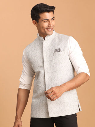 Vastramay Men's Grey Jacquard Silk Blend Printed Jacket