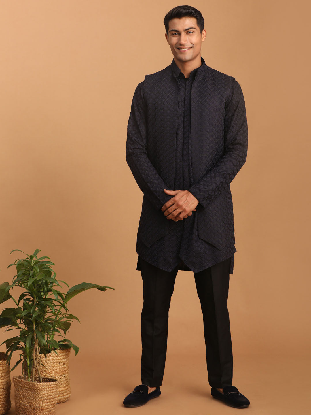 Men's Navy Blue Jacket With Kurta Pant Set