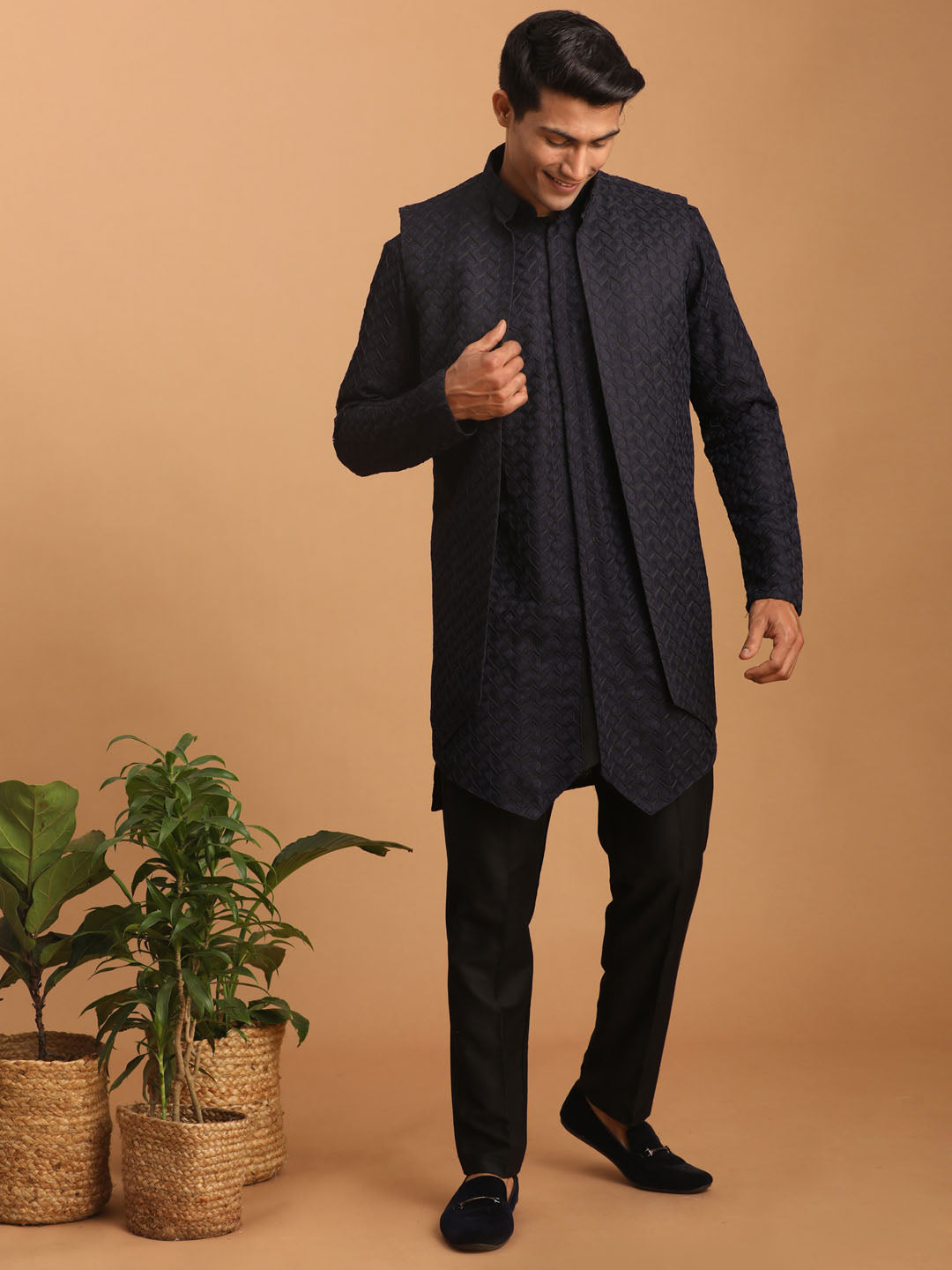 Men's Navy Blue Jacket With Kurta Pant Set