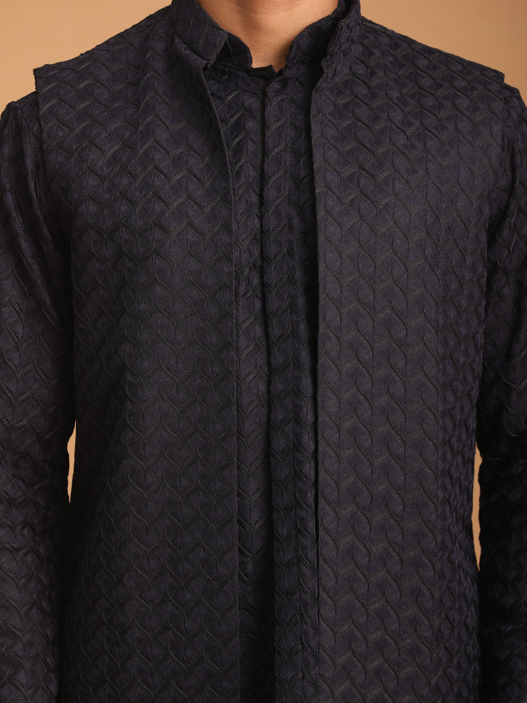 Men's Navy Blue Jacket With Kurta Pant Set