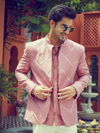 Vastramay Men's Onion Pink Mirror Jodhpuri And Shirt Set