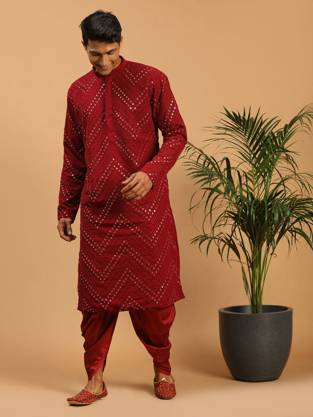 Men's Maroon Mirror Kurta Dhoti Set