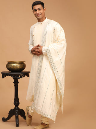 SHRESTHA By VASTRAMAY Men's Cream Pleated Kurta And Churidar Set With Cream Vertical Mirror Dupatta