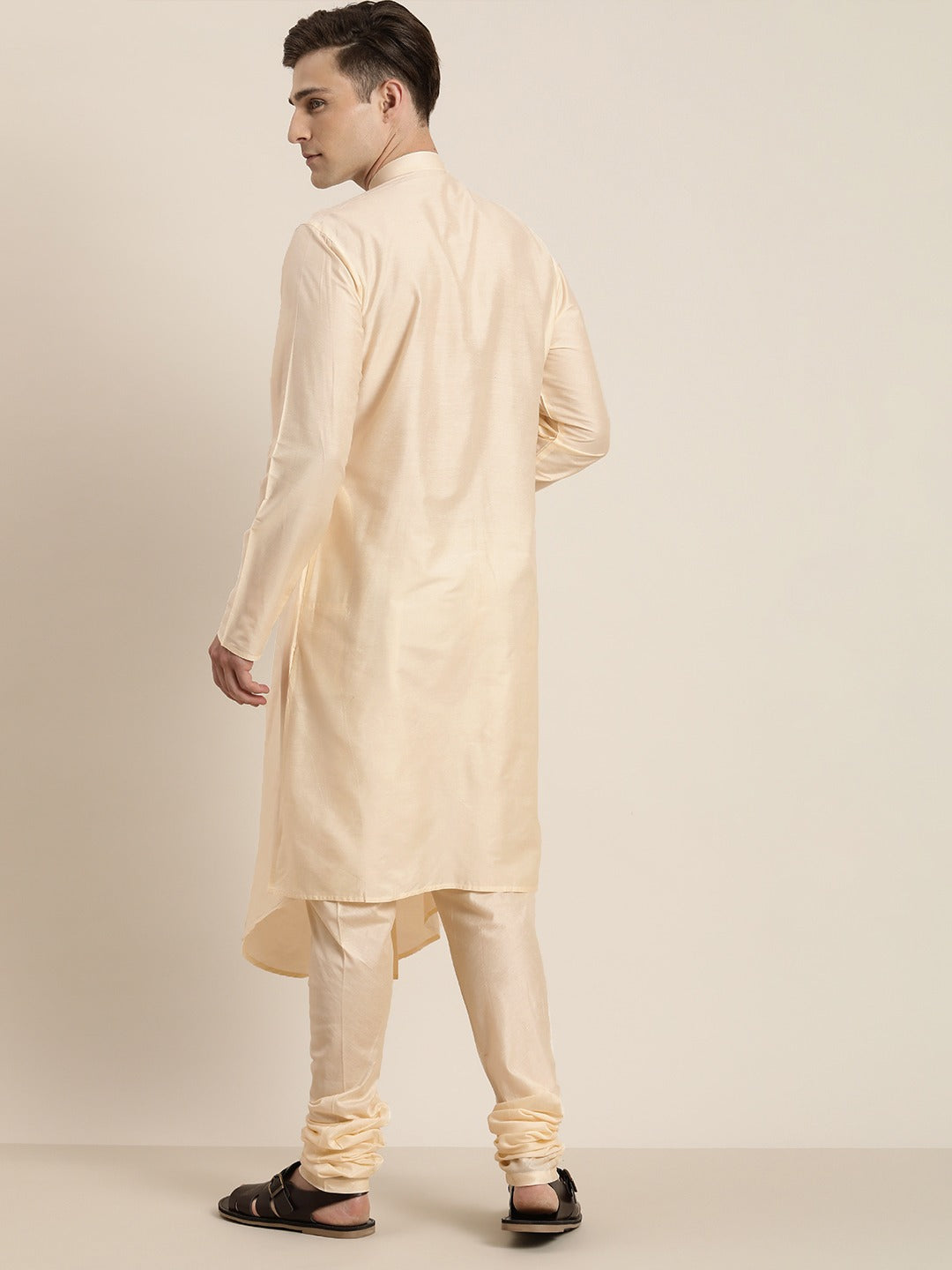 Men's Cream Pleated Kurta With Churidar Set