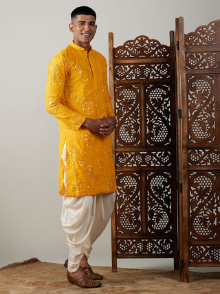 SHRESTHA BY VASTRAMAY Men's Yellow Embroidered Kurta Dhoti Set