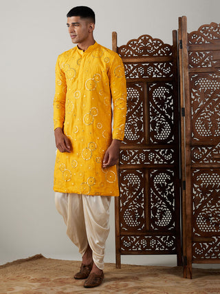SHRESTHA BY VASTRAMAY Men's Yellow Embroidered Kurta Dhoti Set