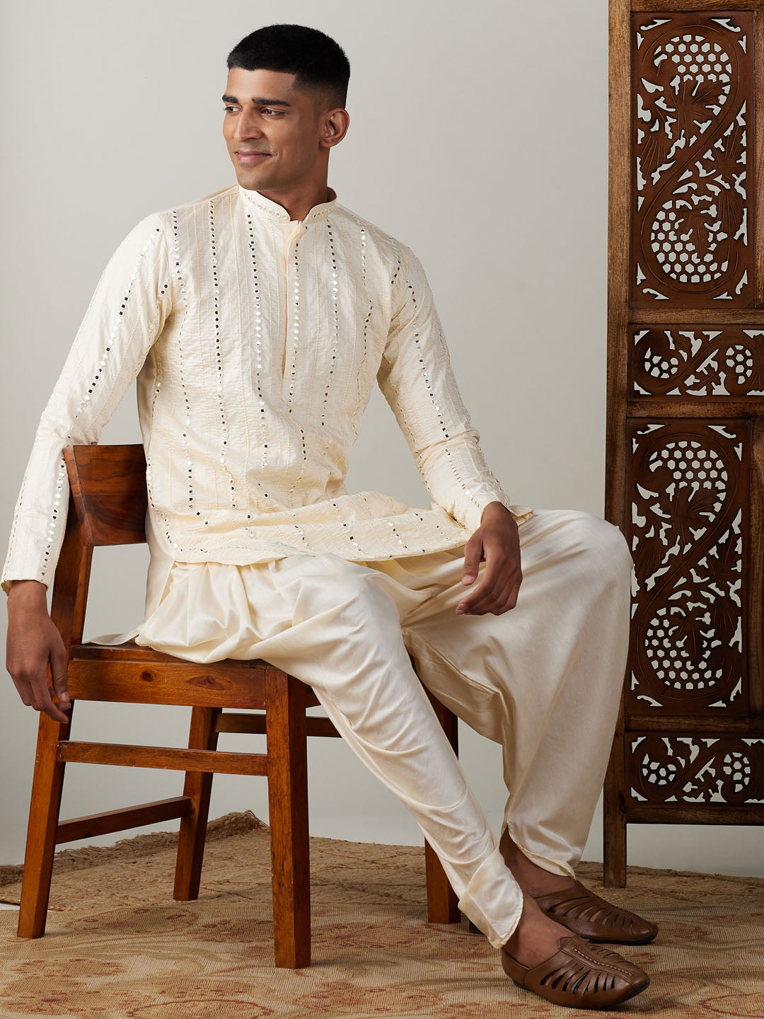 Men's Cream Mirror Kurta Dhoti Set