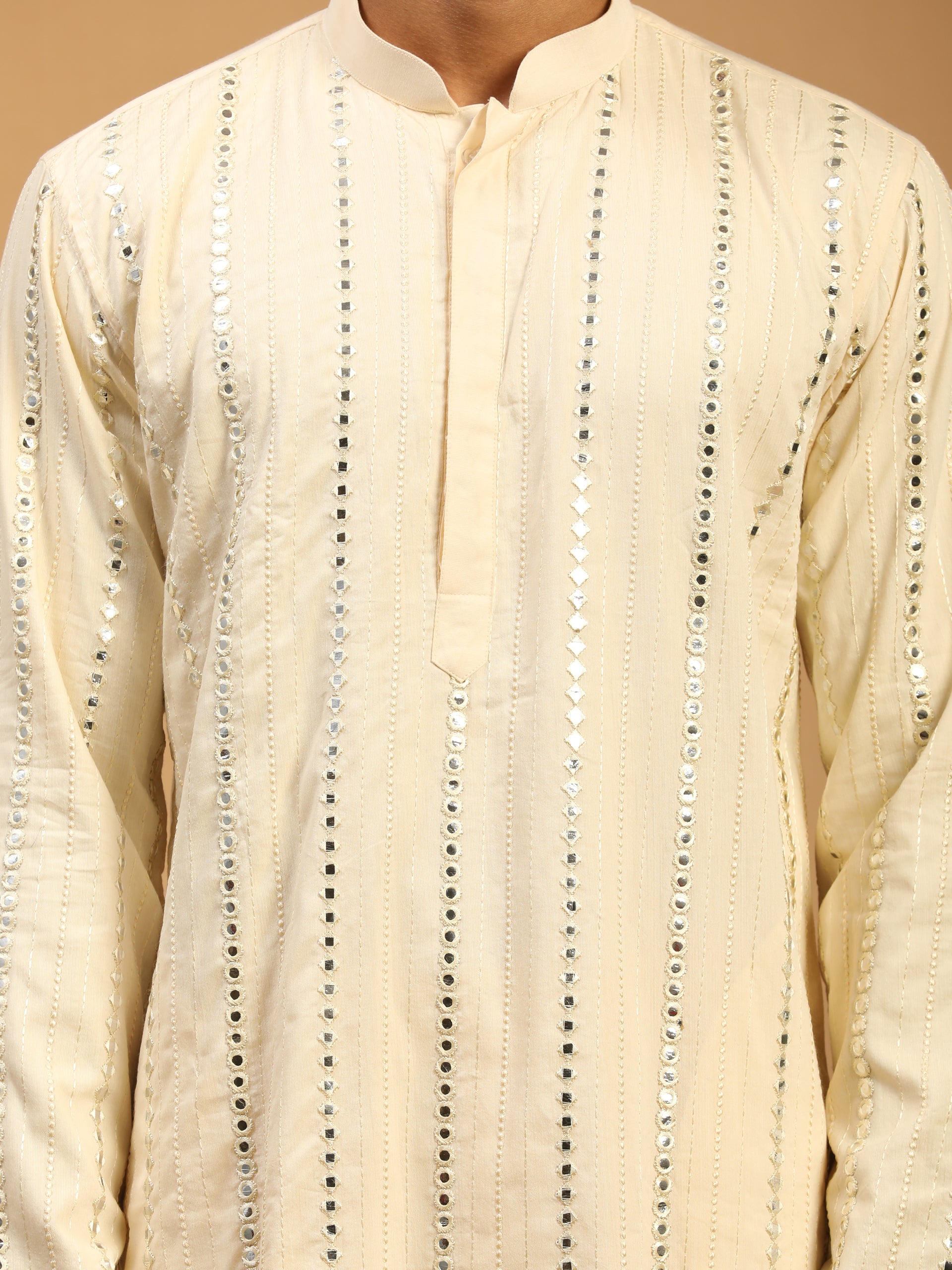 Men's Cream Mirror Kurta Pant Set