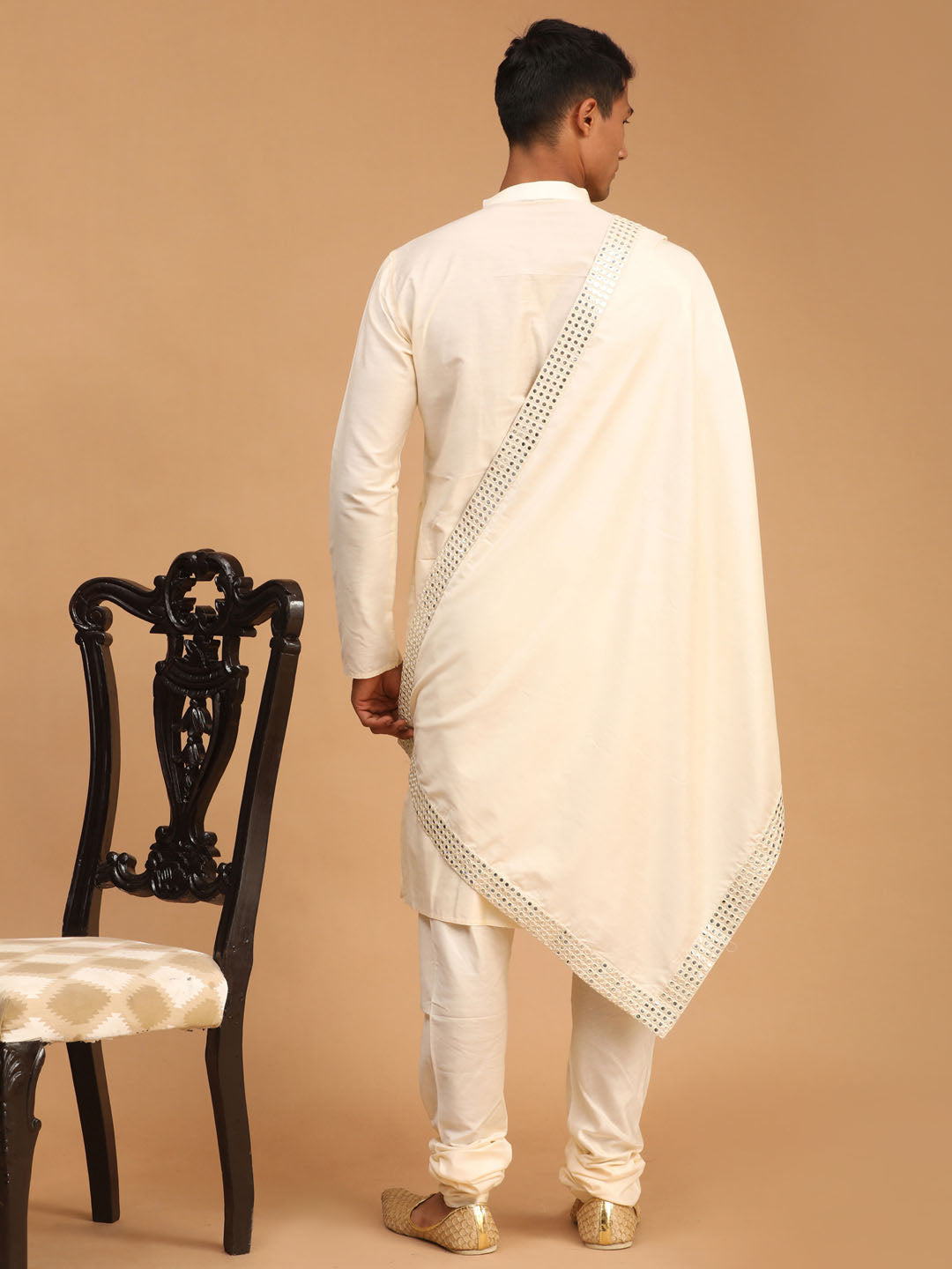 Men's Cream Viscose Kurta Pyjama And Dupatta Set