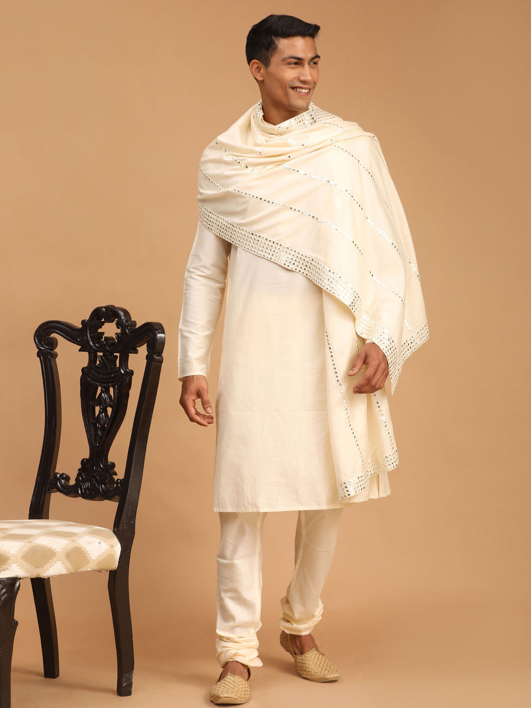Men's Cream Viscose Kurta Pyjama And Dupatta Set