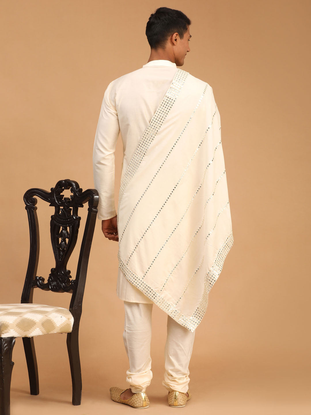 Men's Cream Viscose Kurta Pyjama And Dupatta Set