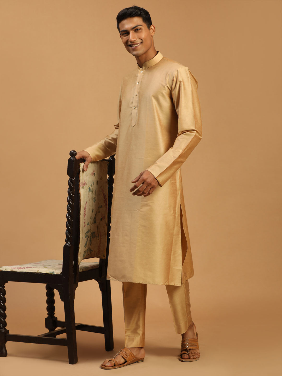 Men's Rose Gold Viscose Kurta Pant And Dupatta Set