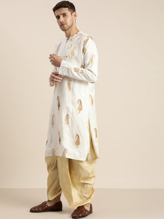 SHRESTHA BY VASTRAMAY Men's White Golden Weaved Silk Blend Kurta With Gold Dhoti Set