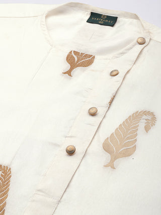 SHRESTHA BY VASTRAMAY Men's White Golden Weaved Silk Blend Kurta With Gold Dhoti Set
