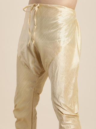SHRESTHA BY VASTRAMAY Men's White Golden Weaved Silk Blend Kurta With Gold Pyjama Set